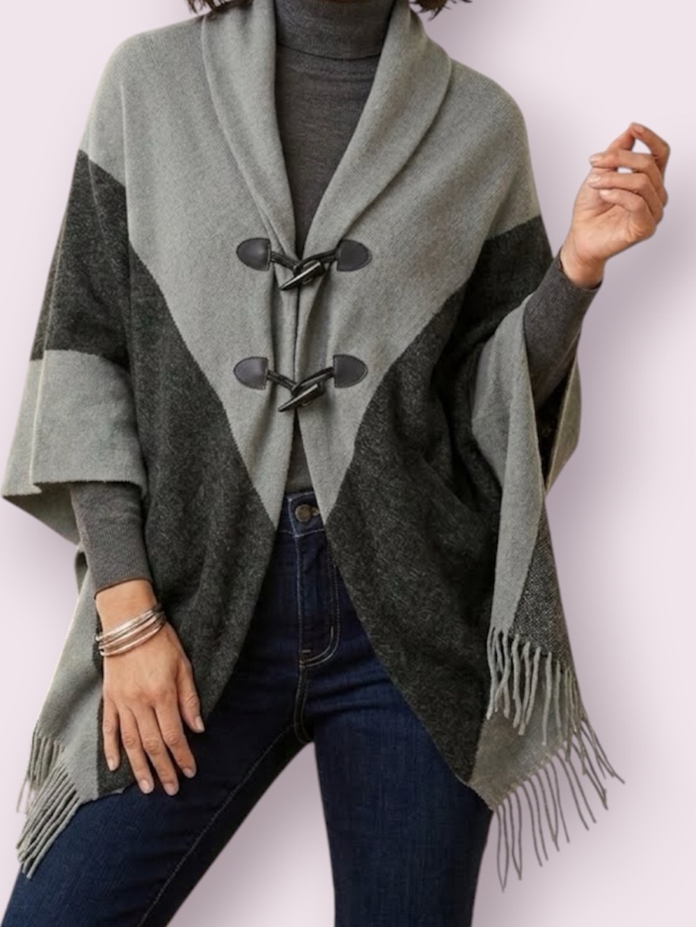 Boho Cape Poncho With Fringes & Toggle Front Closure by Mixit Light & Dark Gray